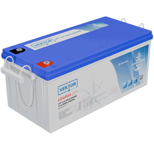 Батарея Vektor Energy серия LFP MARINE, LFP 12.8-200, напряжение 12.8В, емкость 200 Ач, макс. ток разряда 200А, макс. ток заряда 20 А, литий-ионная аккуумуляторная батарея, клеммы M8, ДxШxВ 522*240*223 мм., вес 22 кг., срок службы 15 лет