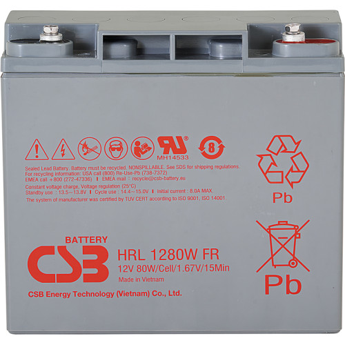 Батарея CSB серия HRL, HRL1280W FR, напряжение 12В, емкость 20Ач (разряд 20 часов), 80 Вт/Эл при 15-мин. разряде до U кон. - 1.67 В/Эл при 25 °С, макс. ток разряда (5 сек.) 300А, ток короткого замыкания 723А, макс. ток заряда 8A, свинцово-кислотная типа A