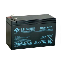 Батарея B.B. Battery серия HR, HR1234W, напряжение 12В, емкость 9Ач (разряд 20 часов), емкость 7Ач (разряд 10 часов), макс. ток разряда (5 сек.) 105А, макс. ток заряда 2.1A, свинцово-кислотная типа AGM, клеммы Т2, ДxШxВ 151x65x100мм., вес 2.5кг., срок слу