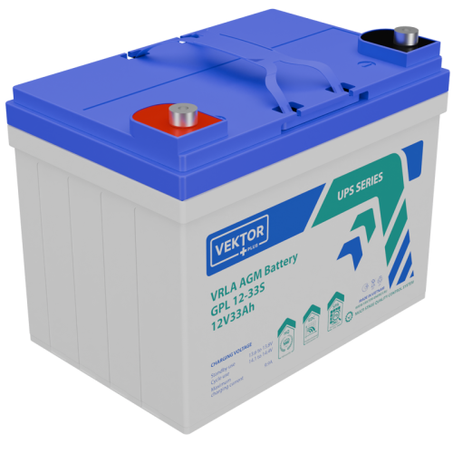 Батарея Vektor Battery серия GPL (S), GPL 12-33S, напряжение 12В, емкость 33,00 Ач (разряд 10 часов), макс. ток разряда (5 сек.) 330А, макс. ток заряда 9,9 А, свинцово-кислотная типа AGM, клеммы M6, ДxШxВ 196x130x154мм., вес 10 кг., срок службы 12 лет