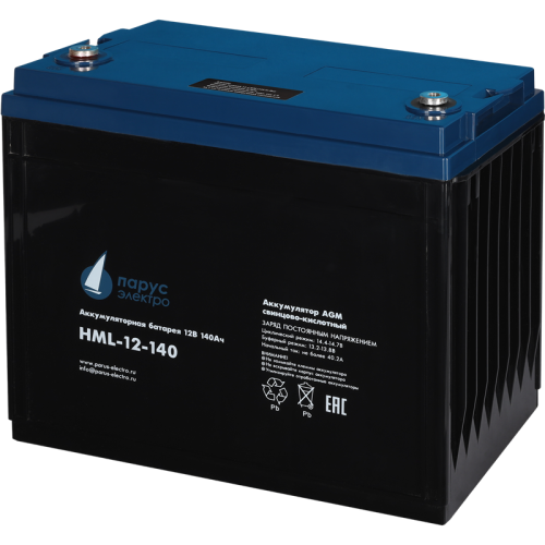 Battery Parus Electro, professional series HML-12-140, voltage 12V, capacity 140Ah (discharge 10 hours), max. discharge current (5sec) 950A, max. charge current 40.2A, lead-acid AGM type, M8 bolt terminals, LxWxH 341x173x283mm., total height with terminal