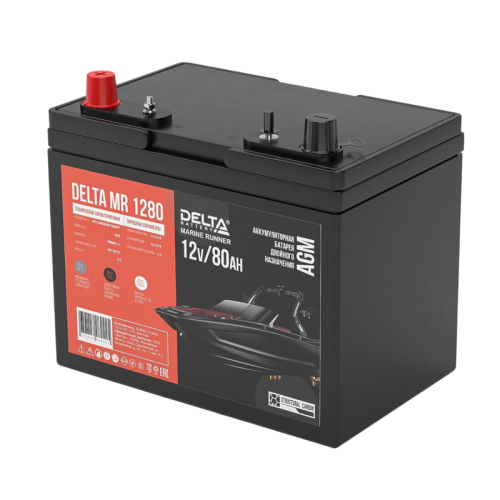 Аккумуляторная батарея для водного транспорта/ DELTA серия  MR, MR 1280, напряжение 12В, емкость 80 Ач (разряд 20 часов; 10.5В), пусковой ток: 620А, полярность прямая ( + -),  тип AGM;Pb (свинцово-кислотный), клеммы: Конус,  ДxШxВ 259x168x231мм., вес  22,