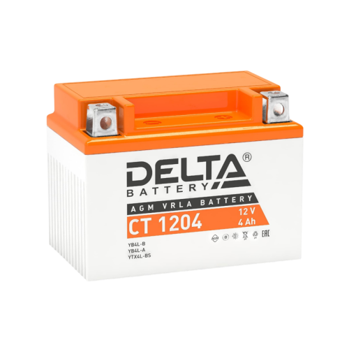 Аккумуляторная батарея для мото-техники/ DELTA серия  CT, CT 1204, напряжение 12В, емкость 4 Ач (разряд 10 часов 10.5 В), пусковой ток: 45А, полярность обратная ( - +),  тип AGM;Pb (свинцово-кислотный), клеммы: BN под болт,  ДxШxВ 114x70x87мм., вес  1,3кг