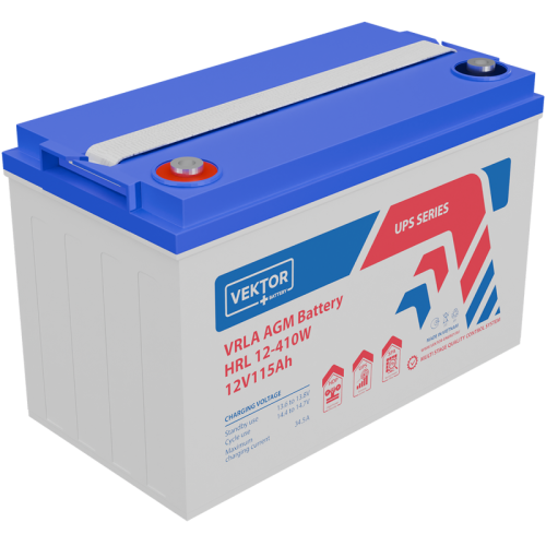 Батарея Vektor Battery серия HRL, HRL 12-410W, напряжение 12В, емкость 115 Ач (разряд 10 часов), макс. ток разряда (5 сек.) 1150 А, макс. ток заряда 34,5 А, свинцово-кислотная типа AGM, клеммы М8, ДxШxВ 333x173x216мм., вес 31,5 кг., срок службы 12 лет