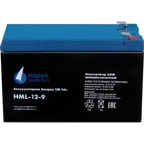 Battery Parus Electro, professional series HML-12-9, voltage 12V, capacity 9Ah (discharge 20 hours), max. discharge current (5sec) 135A, max. charge current 3.6A, lead-acid type AGM, terminals F2, LxWxH 151x65x94mm., total height with terminals 101mm., we