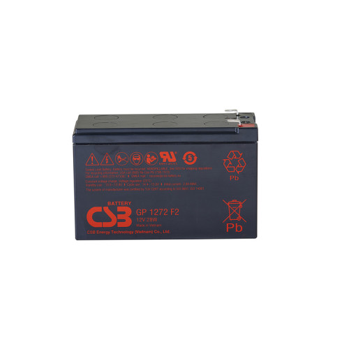 Battery CSB series GP, GP1272 (12V28W), voltage 12V, capacity 28 W/C at 15 min. discharge to U fin. - 1.67 V/Cel at 25°C, (discharge 20 hours), max. discharge current (5 sec.) 100A, short circuit current 304A, max. charge current 2.8A, lead-acid type AGM,