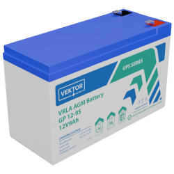 Батарея Vektor Battery серия GP , GP 12-9S, напряжение 12В, емкость 9Ач (разряд 20 часов), емкость 8,36Ач (разряд 10 часов), макс. ток разряда (5 сек.) 90А, макс. ток заряда 2,7A, свинцово-кислотная типа AGM, клеммы Т2, ДxШxВ 151x65x99.5 мм., вес 2,55кг.,