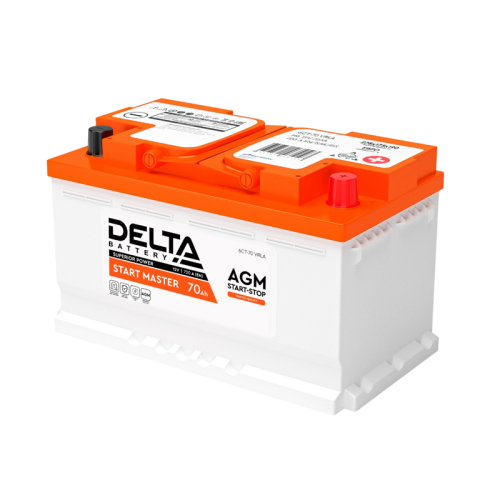 Аккумуляторная батарея для автомобилей/ DELTA серия  START MASTER, DELTA START MASTER 70 Ah AGM, напряжение 12В, емкость 70 Ач (разряд 20 часов; 10.5В), пусковой ток: 720А, полярность обратная ( - +),  тип AGM;Pb (свинцово-кислотный), клеммы: Euro 1,  ДxШ