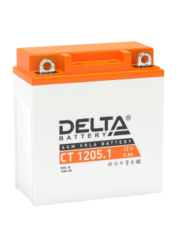 Аккумуляторная батарея для мото-техники/ DELTA серия  CT, CT 1205.1, напряжение 12В, емкость 5 Ач (разряд 10 часов 10.5 В), пусковой ток: 65А, полярность обратная ( - +),  тип AGM;Pb (свинцово-кислотный), клеммы: BN под болт,  ДxШxВ 120x61x129мм., вес  1,