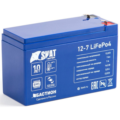 645 Skat i-Battery 12-7 LiFePo4 аккумуляторная батарея, 12 В, 7 Ач Li-Ion АКБ, на базе LiFePo4 элементов IFR 26650, структура 2P4S. Номинальное напряжение 12,8 В, напряжение заряда до 14В, Максимальный ток разряда до 7 А; ток заряда до 3,5А. Встроенная си