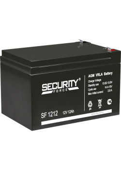 Батарея SECURITY FORCE серия SF, SF 1212, напряжение 12В, емкость 1.2Ач (разряд 20 часов),  макс. ток разряда (5 сек.) 16.2А, макс. ток заряда 3.6А, свинцово-кислотная типа AGM, клеммы F2, ДxШxВ 151х98х95мм., вес кг., срок службы 3-5 лет./ Battery SECURIT