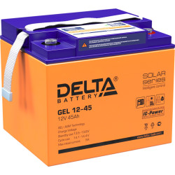 Батарея DELTA серия GEL, GEL 12-45, напряжение 12В, емкость 45Ач (разряд 20 часов),  макс. ток разряда (5 сек.) 450А, макс. ток заряда 9А, свинцово-кислотная типа AGM+GEL, клеммы под болт М6, ДxШxВ 196х166х173мм., вес 14.1кг., LCD, срок службы 10-12 лет./