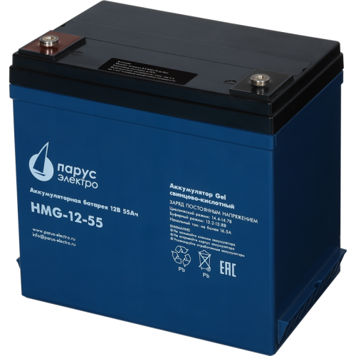 Battery Parus Electro, professional series HMG-12-55, voltage 12V, capacity 55Ah (discharge 10 hours), max. discharge current (5sec) 550A, max. charge current 16.5A, lead-acid GEL type, M6 bolt terminals, LxWxH 239x132x205mm., total height with terminals 