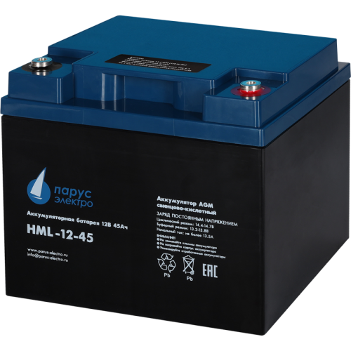 Battery Parus Electro, professional series HML-12-45, voltage 12V, capacity 45Ah (discharge 10 hours), max. discharge current (5sec) 450A, max. charge current 13.5A, lead-acid AGM type, M6 bolt terminals, LxWxH 197x165x170mm., total height with terminals 