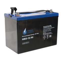 Battery Parus Electro, specialized series HMS-12-90 403W, voltage 12V, capacity 90Ah (discharge 10 hours), power at 15 min. discharge up to U - 1.65 V/cell at 25 °C 403W, max. discharge current (5sec) 800A, max. charge current 27A, lead-acid AGM type, M6 