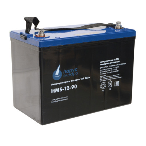 Battery Parus Electro, specialized series HMS-12-90 403W, voltage 12V, capacity 90Ah (discharge 10 hours), power at 15 min. discharge up to U - 1.65 V/cell at 25 °C 403W, max. discharge current (5sec) 800A, max. charge current 27A, lead-acid AGM type, M6 
