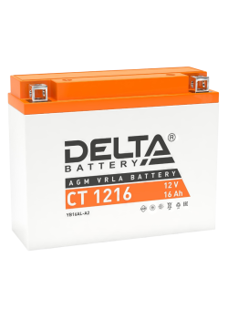 Аккумуляторная батарея для мото-техники/ DELTA серия  CT, CT 1216, напряжение 12В, емкость 16 Ач (разряд 10 часов 10.5 В), пусковой ток: 200А, полярность обратная ( - +),  тип AGM;Pb (свинцово-кислотный), клеммы: BN под болт,  ДxШxВ 205x70x162мм., вес  6,