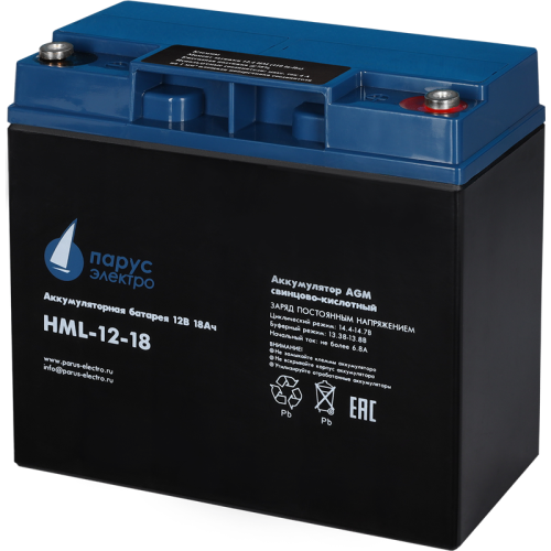 Battery Parus Electro, professional series HML-12-18, voltage 12V, capacity 18Ah (discharge 20 hours), max. discharge current (5sec) 225A, max. charge current 6.8A, lead-acid AGM type, M5 bolt terminals, LxWxH 181x77x167mm., total height with terminals 16