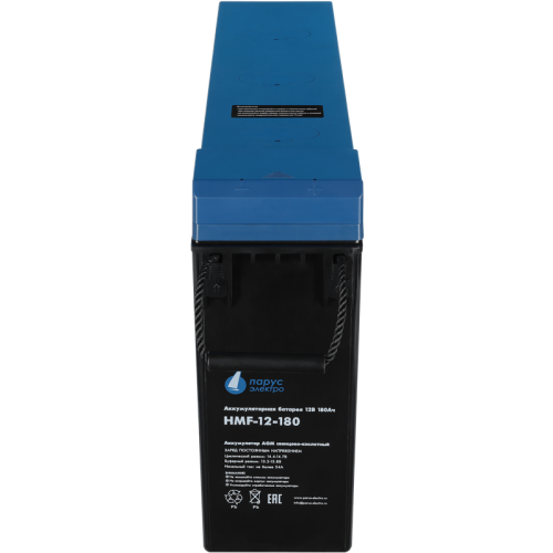 Battery Parus Electro, specialized series HMF-12-180, voltage 12V, capacity 180Ah (discharge 10 hours), max. discharge current (5sec) 900A, max. charge current 54A, lead-acid type AGM, bolt terminals M8, LxWxH 546x125x317mm., total height with terminals 3
