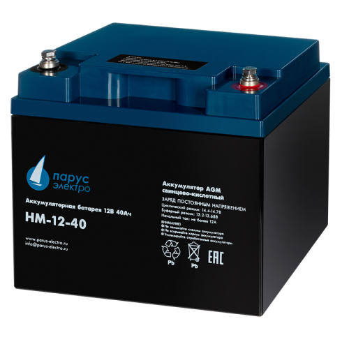 Battery Parus Electro, standard series HM-12-40, voltage 12V, capacity 40Ah (discharge 10 hours), max. discharge current (5sec) 400A, max. charge current 12A, lead-acid type AGM, bolt terminals M6, LxWxH 197x165x170mm, full height with terminals 170mm, we