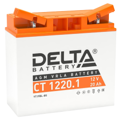 Аккумуляторная батарея для мото-техники/ DELTA серия  CT, CT 1220.1, напряжение 12В, емкость 20 Ач (разряд 10 часов 10.5 В), пусковой ток: 260А, полярность обратная ( - +),  тип AGM;Pb (свинцово-кислотный), клеммы: BN под болт,  ДxШxВ 181x77x167мм., вес  
