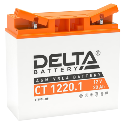 Аккумуляторная батарея для мото-техники/ DELTA серия  CT, CT 1220.1, напряжение 12В, емкость 20 Ач (разряд 10 часов 10.5 В), пусковой ток: 260А, полярность обратная ( - +),  тип AGM;Pb (свинцово-кислотный), клеммы: BN под болт,  ДxШxВ 181x77x167мм., вес  