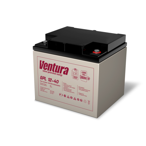 Батарея Ventura серия GPL, GPL12-40, напряжение  12B, емкость 40Ач (разряд 20 часов), макс. ток заряда 12А,  свинцово-кислотная типа AGM,  клеммы  F6, ДШВ  197х163х170мм, вес 13.5кг/ Ventura battery GPL series, GPL12-40, voltage 12V, capacity 40Ah (discha