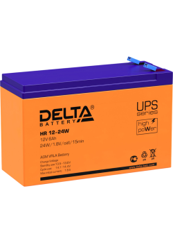 Battery DELTA series HR-W, HR 12-24 W, voltage 12V, capacity 6Ah (discharge 20 hours), max. discharge current (5 sec.) 90A, max. charge current 1.8A, lead-acid type AGM, terminals F2, LxWxH 151x52x94mm., weight 2.18kg., service life 8 years.