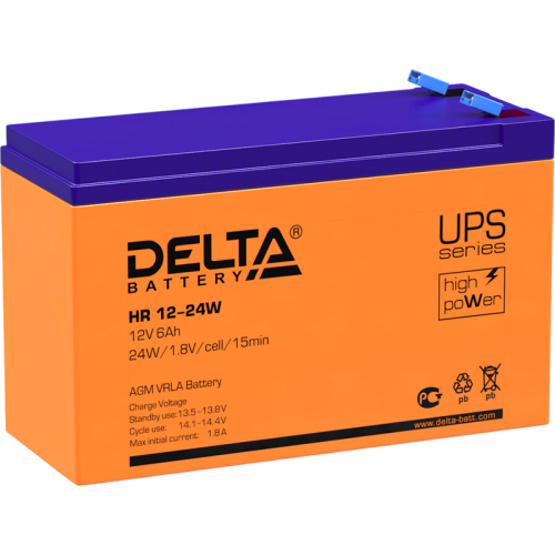Battery DELTA series HR-W, HR 12-24 W, voltage 12V, capacity 6Ah (discharge 20 hours), max. discharge current (5 sec.) 90A, max. charge current 1.8A, lead-acid type AGM, terminals F2, LxWxH 151x52x94mm., weight 2.18kg., service life 8 years.