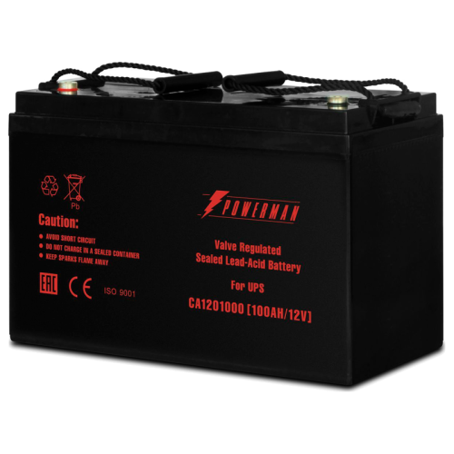 Батарея POWERMAN Battery CA121000, напряжение 12В, емкость 100Ач, макс. ток разряда 800А, макс. ток заряда 30А, свинцово-кислотная типа AGM, тип клемм М2, Д/Ш/В 329/172/215, 27.7 кг./ Battery POWERMAN Battery CA121000, voltage 12V, capacity 100Ah, max. di