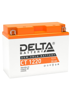 Аккумуляторная батарея для мото-техники/ DELTA серия  CT, CT 1220, напряжение 12В, емкость 20 Ач (разряд 10 часов 10.5 В), пусковой ток: 250А, полярность обратная ( - +),  тип AGM;Pb (свинцово-кислотный), клеммы: BN под болт,  ДxШxВ 204x91x159мм., вес  6,