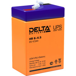 Battery DELTA series HR, HR 6-4.5, voltage 6V, capacity 4.5Ah (discharge 20 hours), max. discharge current (5 sec.) 67.5A, max. charge current 1.35A, lead-acid type AGM, terminals F1, LxWxH 70x47x101mm., weight 0.85kg., service life 8 years.