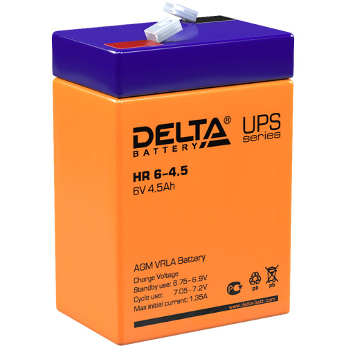 Battery DELTA series HR, HR 6-4.5, voltage 6V, capacity 4.5Ah (discharge 20 hours), max. discharge current (5 sec.) 67.5A, max. charge current 1.35A, lead-acid type AGM, terminals F1, LxWxH 70x47x101mm., weight 0.85kg., service life 8 years.