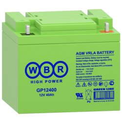 Батарея WBR серия GP, GP12400, напряжение 12В, емкость 40Ач(разряд 20 часов), макс. ток разряда(5 сек.)480А, макс. ток заряда 12A,свинцово-кислотная типа AGM,клеммы F4, под болт с гайкой М6,ДxШxВ 198x166x171мм.,вес 13.4кг., срок службы до 10 лет в буф/реж