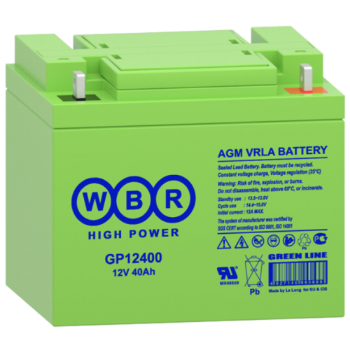 Батарея WBR серия GP, GP12400, напряжение 12В, емкость 40Ач(разряд 20 часов), макс. ток разряда(5 сек.)480А, макс. ток заряда 12A,свинцово-кислотная типа AGM,клеммы F4, под болт с гайкой М6,ДxШxВ 198x166x171мм.,вес 13.4кг., срок службы до 10 лет в буф/реж