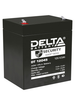 Батарея DELTA серия DT, DT 12045, напряжение 12В, емкость 4.5Ач (разряд 20 часов),  макс. ток разряда (5 сек.) 67.5А, макс. ток заряда 1.35А, свинцово-кислотная типа AGM, клеммы F1, ДxШxВ 90х70х101мм., вес 1.55кг., срок службы 5 лет./ Battery DELTA series
