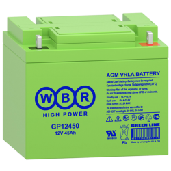 Батарея WBR серия GP, GP12450, напряжение 12В, емкость 45Ач(разряд 20 часов),макс. ток разряда(5 сек.)540А,макс. ток заряда 13.5A,свинцово-кислотная типа AGM, клеммы F4, под болт с гайкой M6,ДxШxВ 199x166x171мм.,вес 13.5кг., срок службы до 10 лет в буф/ре