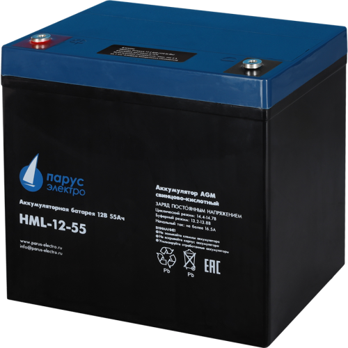 Battery Parus Electro, professional series HML-12-55, voltage 12V, capacity 55Ah (discharge 10 hours), max. discharge current (5sec) 550A, max. charge current 16.5A, lead-acid type AGM, terminals for M6 bolt, LxWxH 229x138x208mm., full height with termina