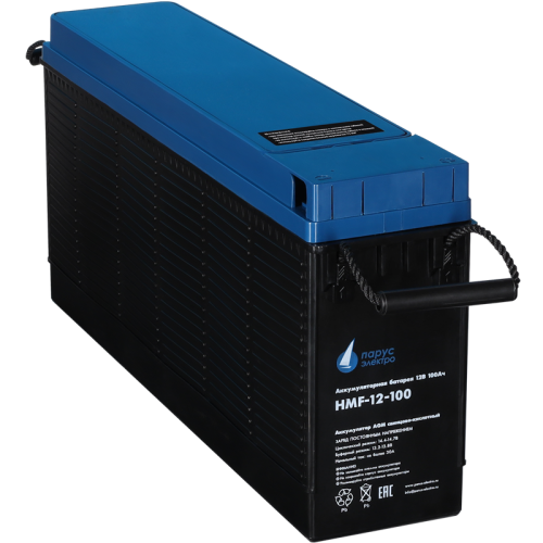 Battery Parus Electro, specialized series HMF-12-100, voltage 12V, capacity 100Ah (discharge 10 hours), max. discharge current (5sec) 900A, max. charge current 30A, lead-acid type AGM, bolt terminals M8, LxWxH 508x110x231mm., total height with terminals 2
