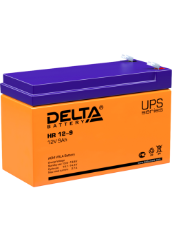Батарея DELTA серия HR, HR 12-9, напряжение 12В, емкость 9Ач (разряд 20 часов),  макс. ток разряда (5 сек.) 135А, макс. ток заряда 2.7А, свинцово-кислотная типа AGM, клеммы F2, ДxШxВ 151х65х94мм., вес 2.78кг., срок службы 8 лет./ Battery DELTA series HR, 