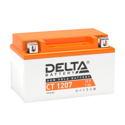 Аккумуляторная батарея для мото-техники/ DELTA серия  CT, CT 1207, напряжение 12В, емкость 7 Ач (разряд 10 часов 10.5 В), пусковой ток: 105А, полярность обратная ( - +),  тип AGM;Pb (свинцово-кислотный), клеммы: BN под болт,  ДxШxВ 150x86x94мм., вес  2,4к