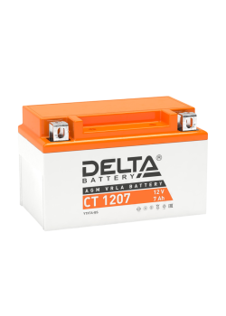 Аккумуляторная батарея для мото-техники/ DELTA серия  CT, CT 1207, напряжение 12В, емкость 7 Ач (разряд 10 часов 10.5 В), пусковой ток: 105А, полярность обратная ( - +),  тип AGM;Pb (свинцово-кислотный), клеммы: BN под болт,  ДxШxВ 150x86x94мм., вес  2,4к