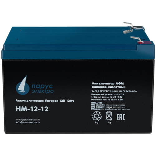 Battery Parus Electro, standard series HM-12-12, voltage 12V, capacity 12Ah (discharge 20 hours), max. discharge current (5sec) 180A, max. charge current 4.8A, lead-acid type AGM, terminals F2, LxWxH 151x98x95mm., total height with terminals 101mm., weigh
