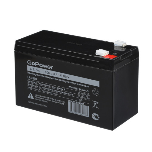 Аккумулятор свинцово-кислотный GoPower LA-1270 12V 7Ah клеммы T2/ F2 (1/5) Аккумулятор свинцово-кислотный GoPower LA-1270 12V 7Ah клеммы T2/ F2 (1/5)