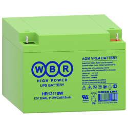 Батарея WBR серия HR, HR12110W, напряжение 12В, емкость 26Ач (разряд 20 часов), 110 Вт/Эл при 15-мин. разряде до U кон. - 1.6 В/Эл при 25 °С, макс. ток разряда (5 сек.) 390А, макс. ток заряда 7.8A, свинцово-кислотная типа AGM/ Батарея WBR серия HR, HR1211