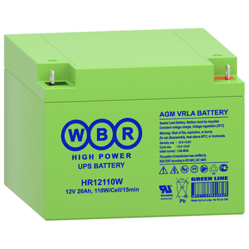 Батарея WBR серия HR, HR12110W, напряжение 12В, емкость 26Ач (разряд 20 часов), 110 Вт/Эл при 15-мин. разряде до U кон. - 1.6 В/Эл при 25 °С, макс. ток разряда (5 сек.) 390А, макс. ток заряда 7.8A, свинцово-кислотная типа AGM/ Батарея WBR серия HR, HR1211