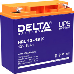 Battery DELTA series HRL-X, HRL 12-18 X, voltage 12V, capacity 18Ah (discharge 10 hours), max. discharge current (5 sec.) 230A, max. charge current 5.4A, lead-acid type AGM, terminals for nut and bolt M6, LxWxH 181x77x167mm., weight 6.2kg., service life 1