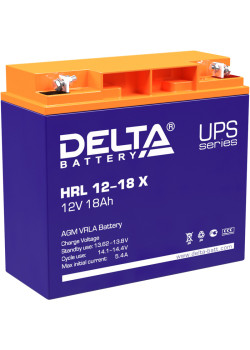 Battery DELTA series HRL-X, HRL 12-18 X, voltage 12V, capacity 18Ah (discharge 10 hours), max. discharge current (5 sec.) 230A, max. charge current 5.4A, lead-acid type AGM, terminals for nut and bolt M6, LxWxH 181x77x167mm., weight 6.2kg., service life 1