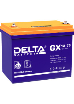 Батарея DELTA серия GX, GX 12-75, напряжение 12В, емкость 75Ач (разряд 20 часов),  макс. ток разряда (5 сек.) 700А, макс. ток заряда 14.86А, свинцово-кислотная типа GEL, клеммы под болт М6, ДxШxВ 258х166х210мм., вес 23.5кг., срок службы 15 лет./ Battery D