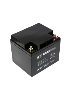 2538 SKAT SB 1240, 12В, 40Ач, максимальный ток заряда 12 А. Тип клеммы — T7 (под болт М6). Размер корпуса — 166х198х171. Вес — 12,3 кг. Срок службы — 6 лет. Гарантия - 18 месяцев.